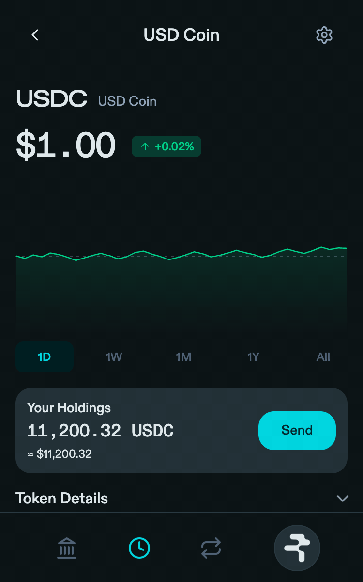 Nova USDC asset page with an illustrative price chart, sample holdings and expandable token details showing name, symbol, network, contract address and explorer link