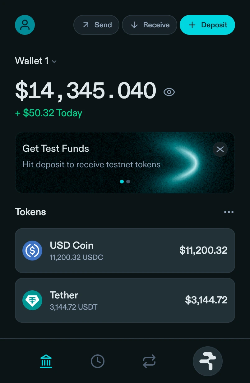 Nova portfolio using the latest action toolbar, left-aligned balance, test-funds card, and illustrative USDC and USDT holdings