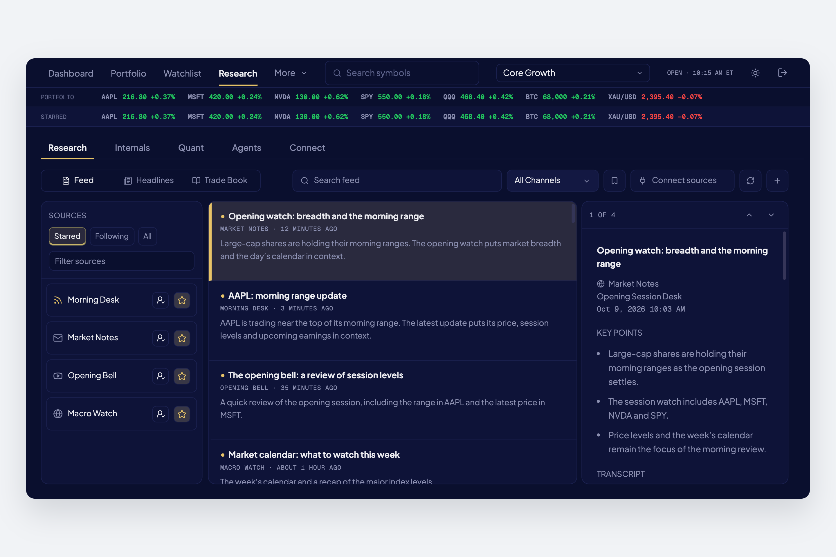 A Pulse research item is selected and its reader scrolls through key points and source content, using original illustrative copy