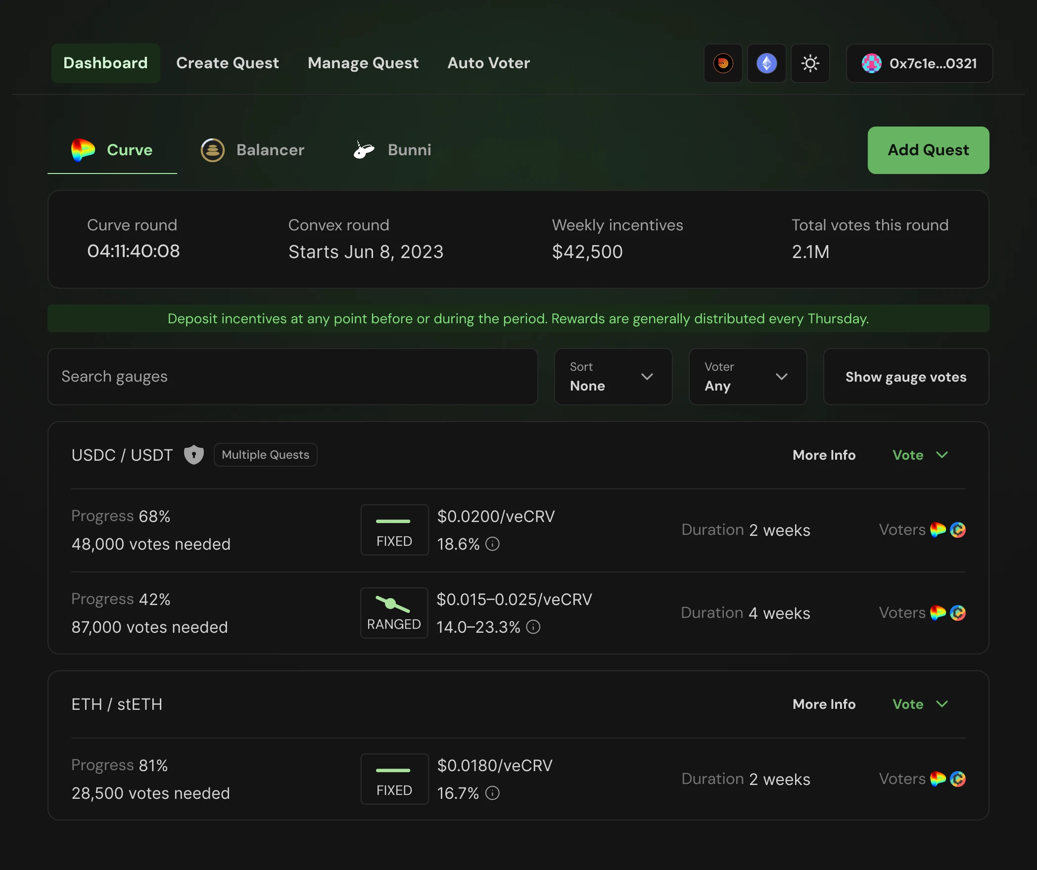 Recreated Quest V2 marketplace with sample fixed and ranged voting rewards, campaign progress and duration