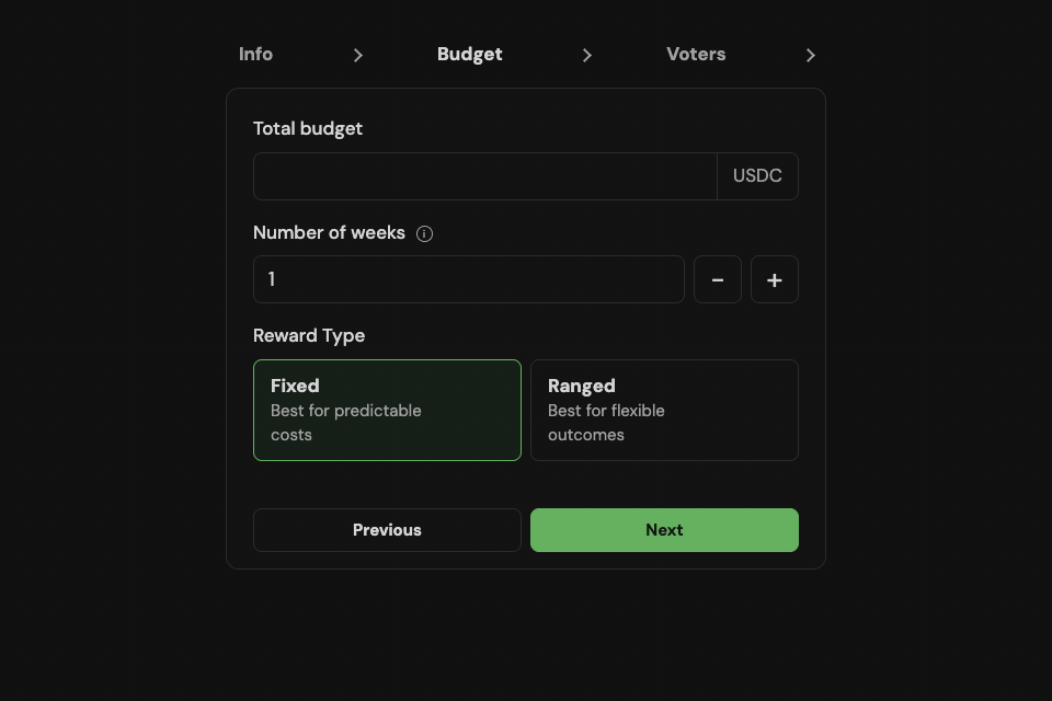 Recreated Quest budget interaction with sample data: choosing Ranged reveals reward limits and rollover controls
