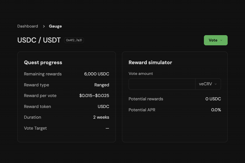 Recreated Quest reward simulator with sample data: entering 10,000 veCRV previews 200 USDC in potential rewards and 18.6% APR